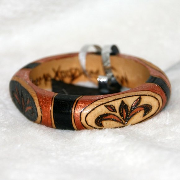 Wood burned & Hand-Painted Copper Black Bracelet - Picture 2 of 2